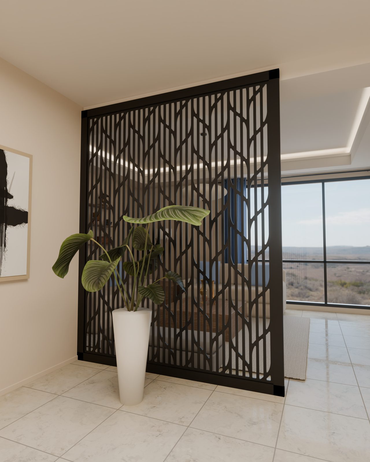 A pierced panel screen dividing a dining room